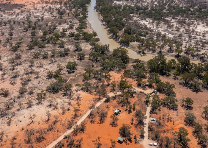 Aerial view of campground and river at Yanda Campground, Gundabooka National Park