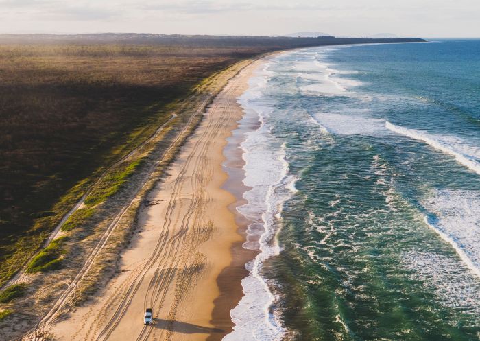 Nine Mile Beach, Tuncurry Aerial view of the 4WD driving along Nine Mile Beach, Tuncurry