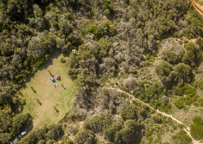 Aerial photo of Tallow Beach campground, Bouddi National Park