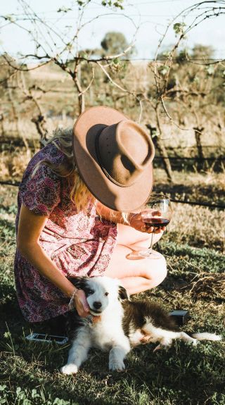 Woman patting the resident wine dog at Blueberry Hill Wines, Rothbury.
